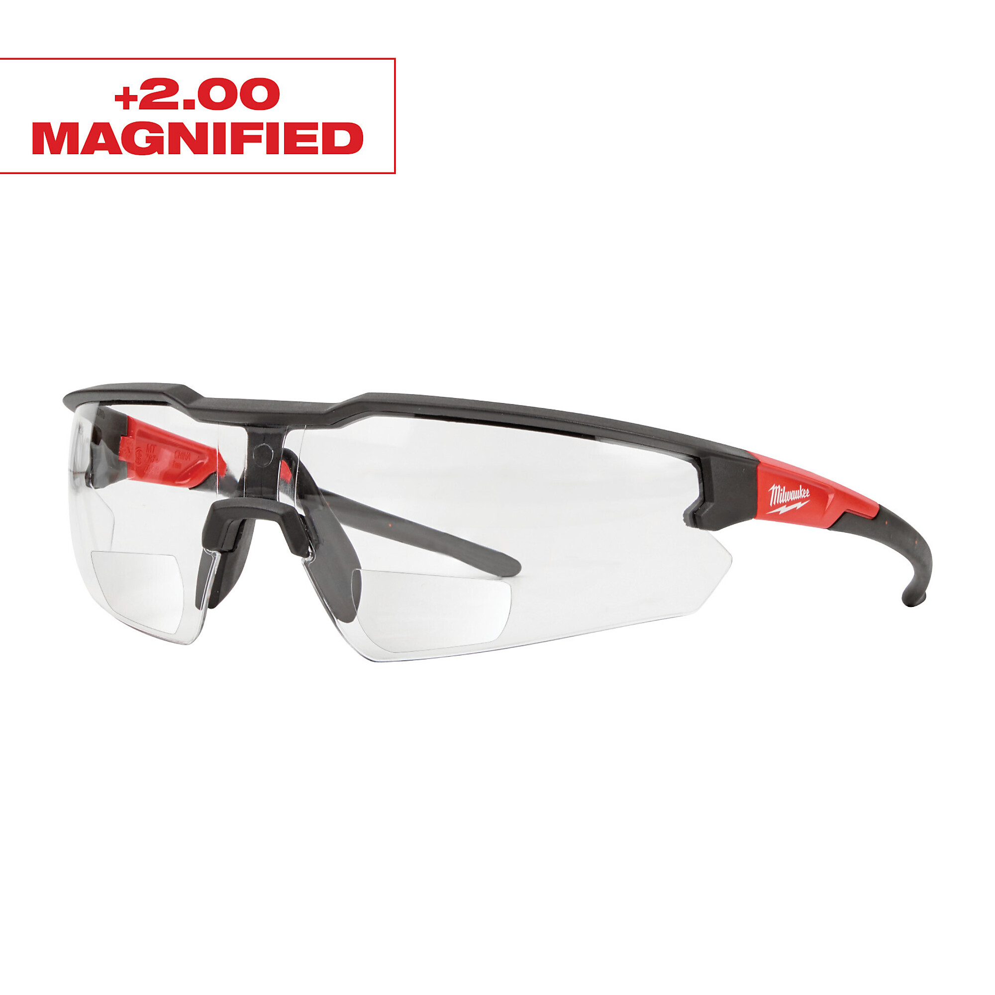 Milwaukee Anti-Scratch Magnifying Safety Glasses, +2.00 Magnification, Clear Lens, Black/Red Frame, Model# 48-73-2204